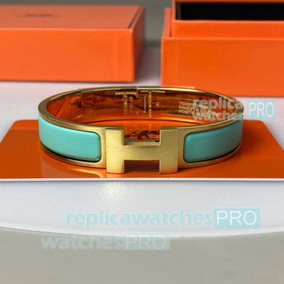 Replica Hermes Clic HH Narrow Bracelet Brushed Metal Matte Green Enamel